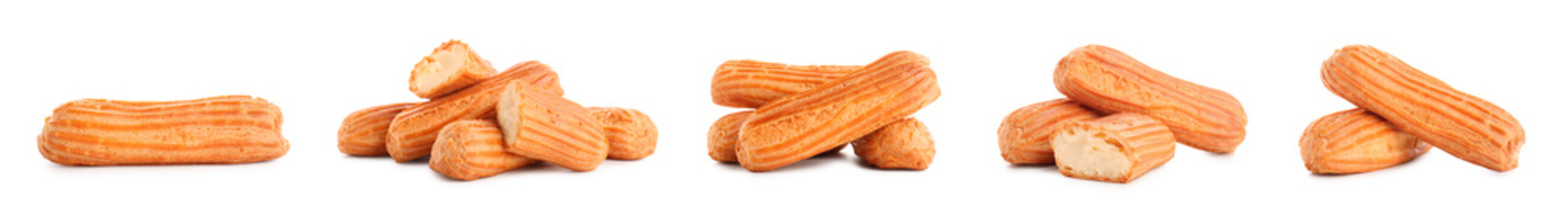 Set of sweet eclairs on white background