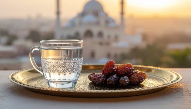 Brass tray with dates and zamzam water in soft morning light with mosque background