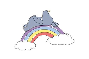 Fototapeta premium One line drawing of cute heavy rhinoceros with a small horn resting its back in a supine position on a rainbow. Nature concept safari theme for World Rhinoceros Day and conservation awareness campaign