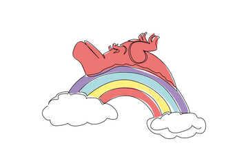 Single line draw of prehistoric t rex dinosaur lying in a supine position, appearing light and gentle on a rainbow arch with fluffy cloud. Nature concept jurassic theme, ideal for boys t shirt print © Simple Line