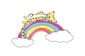 Continuous line drawing of sweet swift cheetah sleeping supine on a rainbow. Nature concept design savannah theme for big cat awareness. Minimalist art for kids stationary and fauna tshirt design © Simple Line