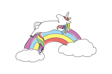 Fototapeta premium One line draw of cute majestic unicorn sleeping on back on rainbow with soft pastel fills, flowing mane and horn for magical feel. Perfect for princess fantasy themes, birthday cards, and nursery art