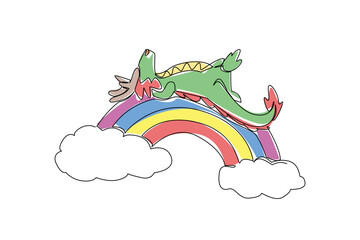 Naklejka premium Continuous line drawing of cute baby dragon sleeping supine on rainbow bridge, with tiny spikes and curled tail. Clean minimalist for fantasy nursery wall art, sticker pack, and kids bedtime poster