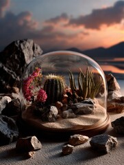 Glass dome containing a mini desert ecosystem