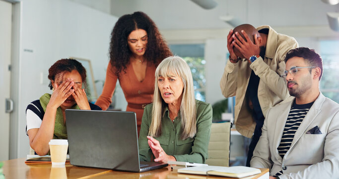 Stress, manager and people with laptop in creative agency, meeting or launch failure for campaign. Disappointed, upset or marketing team with pc for project update, branding mistake or idea rejection
