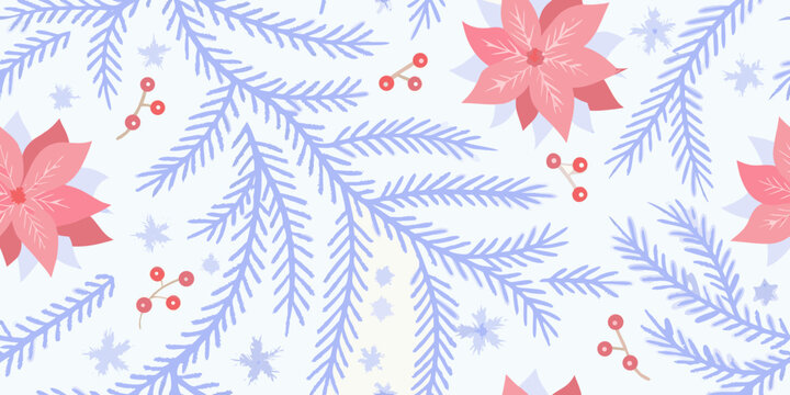 Festive floral pattern featuring poinsettias pine branches and delicate snowflakes
