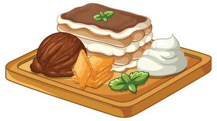 Tiramisu Cake with Chocolate Ice Cream and Whipped Cream on Board © GraphicsRF