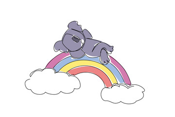 Fototapeta premium Continuous line drawing of playful adorable koala animal sleeping supine on rainbow with white soft fluffy clouds, nature concept. International Day of Happiness theme, cute nursery art illustration