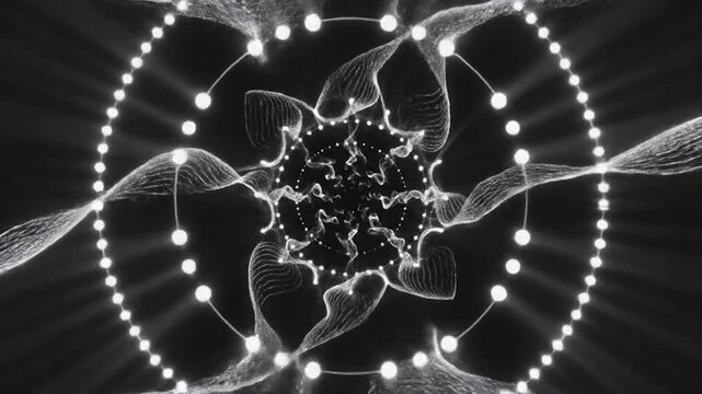 Abstract glowing particles form a radial, ethereal, cosmic pattern