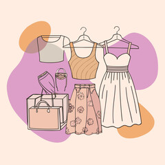 A vibrant illustration of a woman in a pink dress shopping for clothes Vector