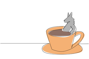 Fototapeta premium Single line drawing of adorable wolf for nature concept features cute animal soaking in coffee cup. Colorful graphic celebrates an international cafe day theme with the grey forest beast