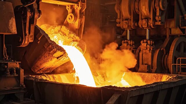Molten metal being poured into a ladle in an industrial factory setting viewed from the side