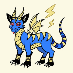 A majestic blue dragon with black horns and wings, striking a powerful pose with lightning bolts. Vector