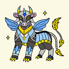 A majestic blue and gold fantasy creature with intricate details and a regal stance Vector