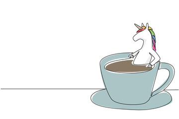 One line drawing of adorable unicorn features fantasy animal soaking in coffee cup for nature concept. Colorful fairytale horse art is ideal for an international coffee day theme and girl room decor © Simple Line