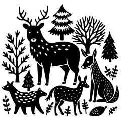 A serene forest scene with a deer, a bear, and a fox surrounded by trees Vector