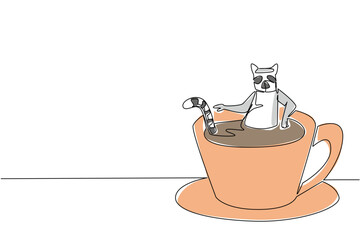 Single line drawing of charming funny lemur for nature forest concept features cute animal soaking in hot coffee cup. Colorful art represents an international monkey day theme with a playful ape © Simple Line