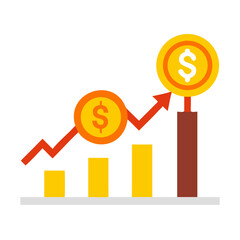Graph showing upward trend in financial growth with dollar signs on bars. Vector