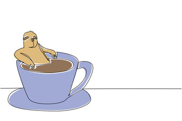 Fototapeta premium One line drawing of playful adorable sloth features the slow animal soaking in warm coffee cup for nature concept. Colorful art is ideal for an international coffee day theme and kids bedroom decor