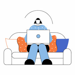 A person relaxing on a couch with a laptop and a cup of coffee. Vector