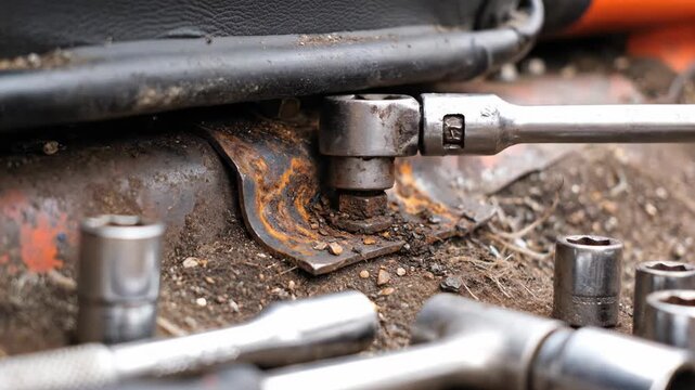 A close-up view of a hand operating a socket wrench to loosen a rusty bolt on an outdoor machine, with various sockets scattered nearby.