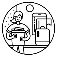 A person is standing in front of a microwave and a refrigerator, holding a bowl of food. Vector