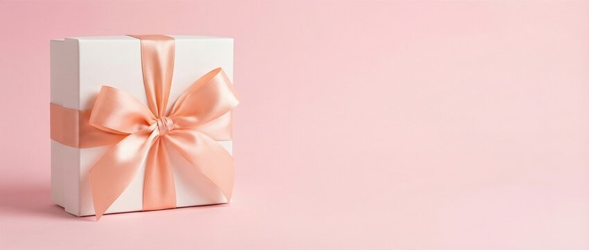 Elegant white gift box tied with silk peach ribbon. Festive present for valentines day and international womens day celebrations. Spring theme luxury packaging concept on soft pink background.