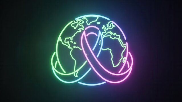 Dynamic Neon Globe Illustrating Global Connectivity and Abstract Data Stream in a Digital World