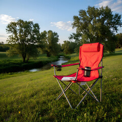 Portable red camping chair relaxing outdoor folding seat