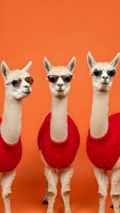 Obraz premium Three Stylish Alpacas in Red Clothing Sunglasses on Orange Background Trendy Fashion