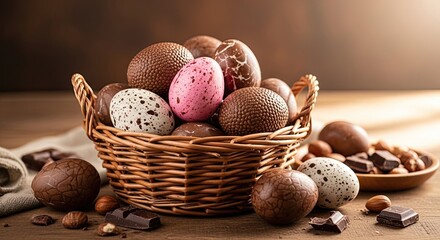 Easter day celebration with colorful eggs in a woven basket