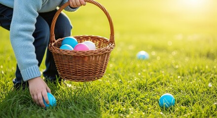 Easter day fun child picking up colorful easter eggs in a green grass field