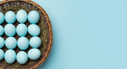Easter day celebration with blue eggs in a woven basket