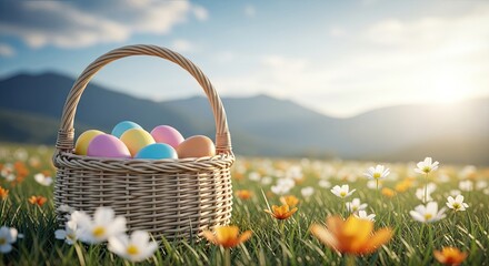 Easter day celebration with colorful eggs in a woven basket on a floral meadow
