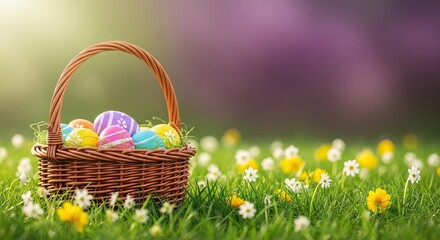 Easter day celebration with colorful eggs in a basket on a sunny day
