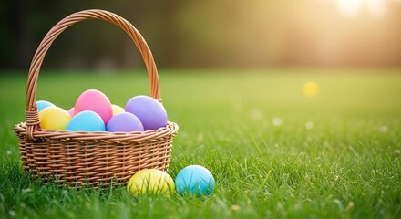 Easter day celebration with colorful eggs in a basket on a green lawn