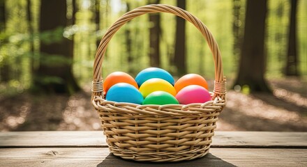 Easter day celebration with colorful eggs in a woven basket