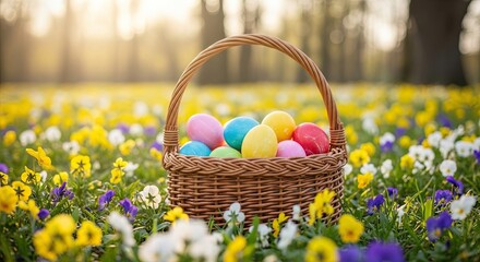 Easter day celebration with colorful eggs in a basket on a flower field