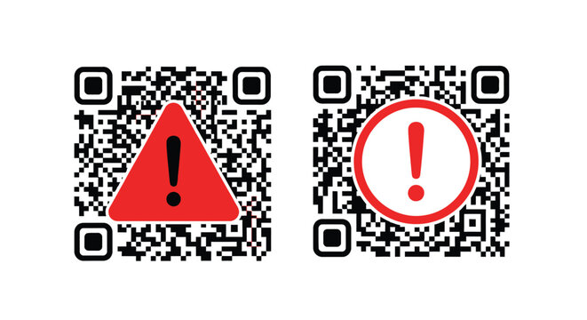 Two distinct black and white qr codes displaying red warning signs and exclamation points