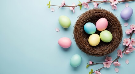 Easter day celebration with colorful eggs in a bird's nest