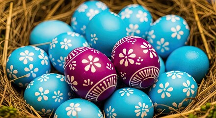 Easter day celebration with beautifully decorated easter eggs in a nest
