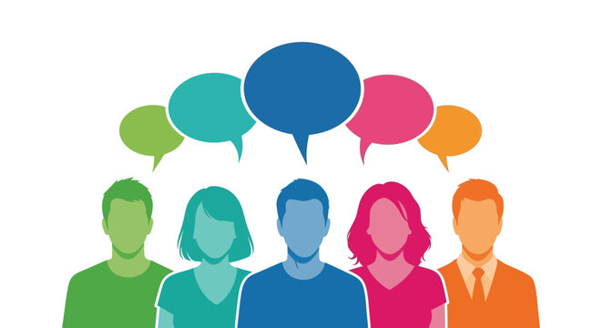 Diverse group of five people's silhouettes sharing opinions represented by colorful speech bubbles above
