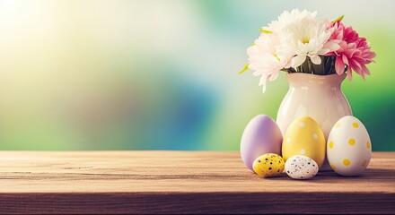 Easter day celebration with colorful eggs and flowers