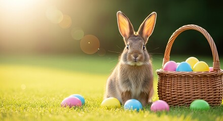Easter day celebration with easter bunny and colorful eggs