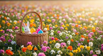 Easter day celebration with colorful eggs in a flower field