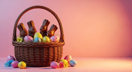 Easter day celebration with colorful eggs and chocolate in a woven basket