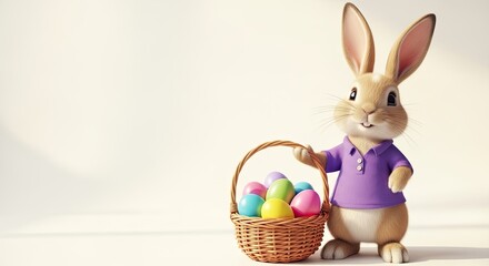 Easter day celebration with bunny holding colorful eggs basket