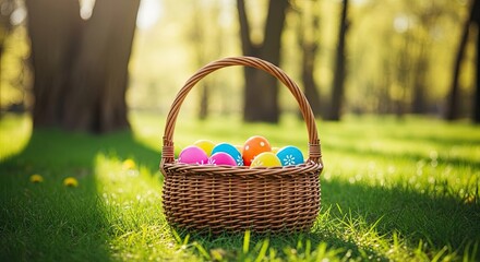 Easter day celebration with colorful eggs in a wicker basket
