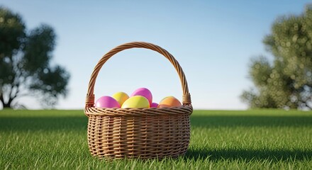 Easter day celebration with colorful eggs in a woven basket on a green lawn