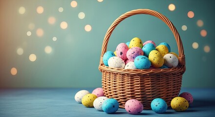 Easter day celebration with colorful eggs in a woven basket